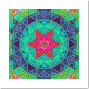 Mosaic Mandala Blue Green and Red Posters and Art